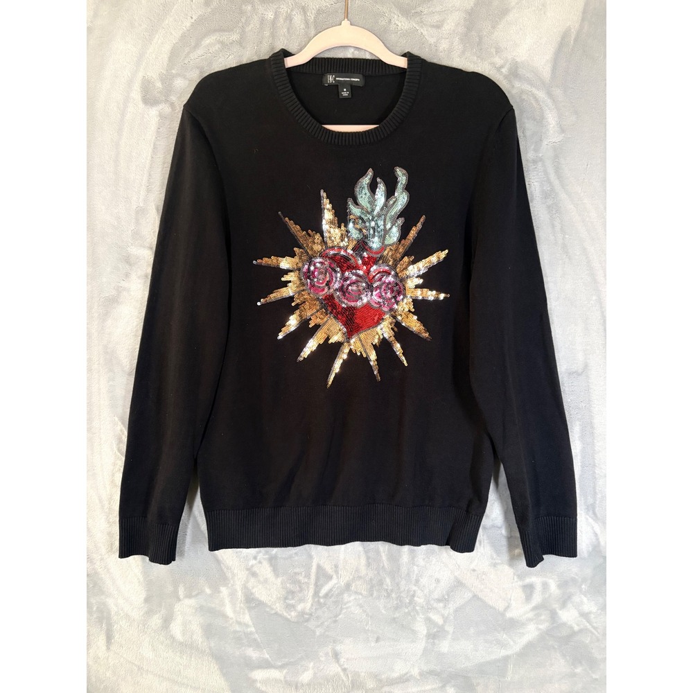 Sequin Sacred Heart Virgin Mary Cotton Pullover Crewneck Sweater M Relaxed Fit
